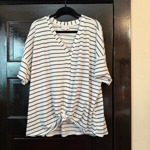 White and Blue Striped Tie Front Blouse 2X